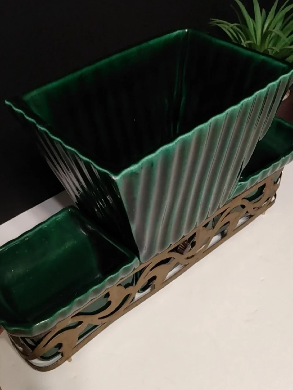 Green Glazed Ceramic Planter Trio with Gold Metal Holder